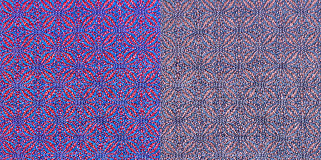 red and blue cloth swatches, saturated on left, low-saturation on right