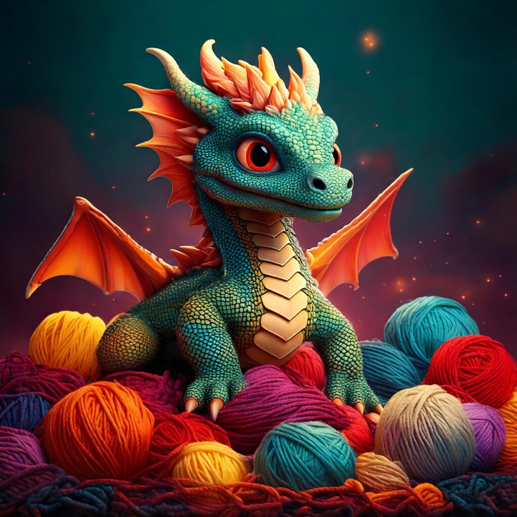 Adorable Dragon sitting on a pile of weaving yarn