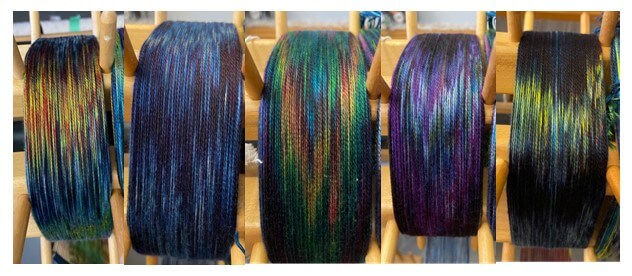 Collage of five sections showing an array of colors that include rusty red, yellow, blues, purples, and greens