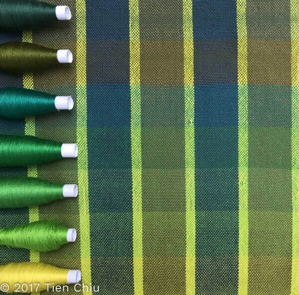 a gamp woven with weft colors from yellow-green to blue