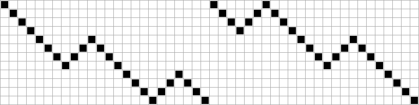 A twelve-shaft threading draft in which one continuous twill line descends across all twelve shafts, with several peaks and valleys along the way.